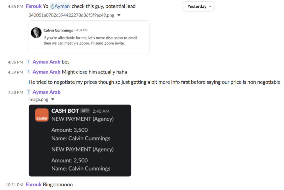 Ayman Arab Slack conversation confirming a client payment