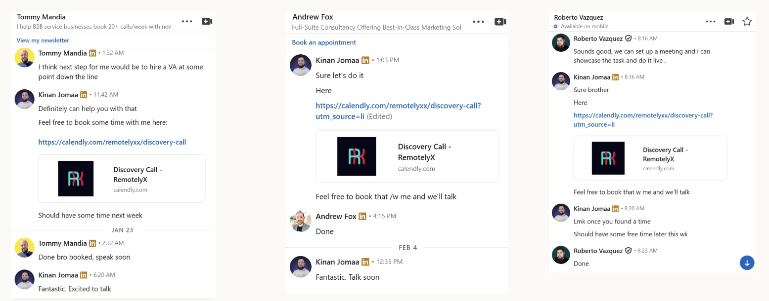 Three RemotelyX LinkedIn conversations leading to booked calls, set 1